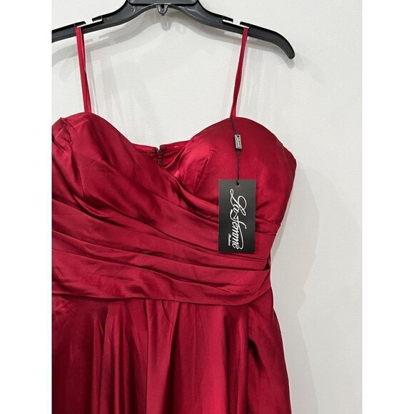 New La Femme Size 16 Strapless Slit Satin Ballgown Wine Prom Dress **Thread Pull - Picture 16 of 16